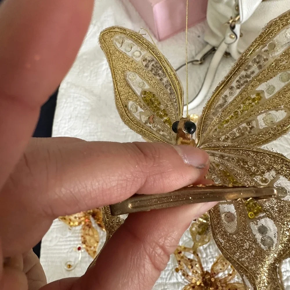 Sparkling‎ Gold Butterfly Embellishments Clip On Set of 5 Holiday Decor Accents